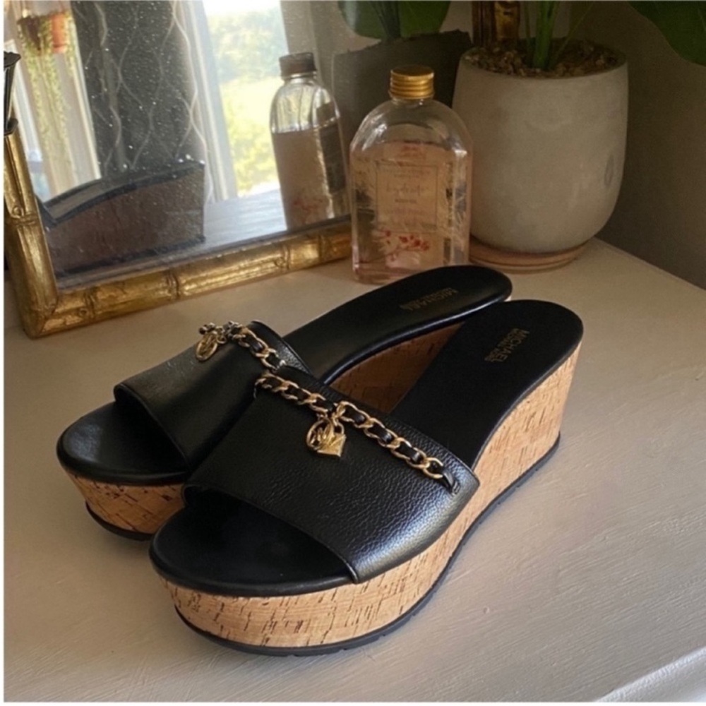 Black Platform Slide Sandals with Gold Chain Genuine Leather - Picture 2 of 3